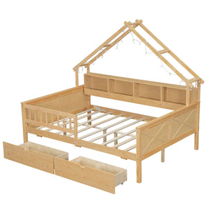 Full Size House Platform Bed with LED Lights, Storage Shelves & Drawers