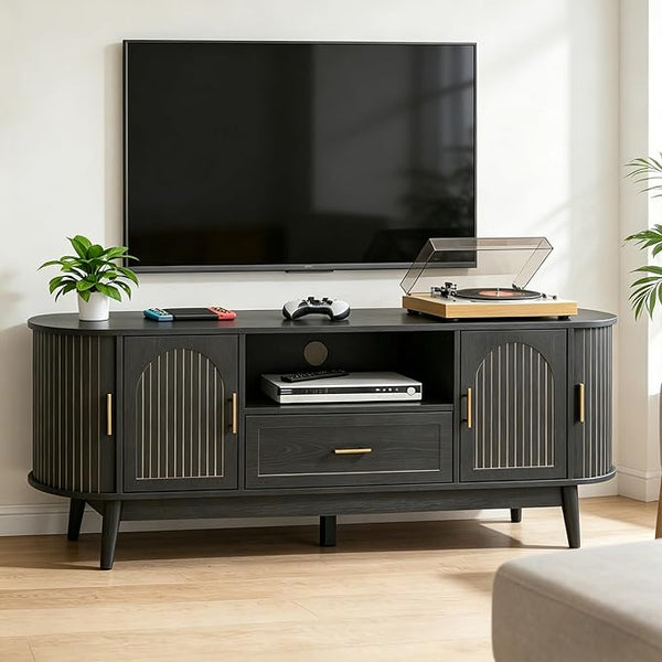 Fluted TV Stand with Drawers & Sliding Doors