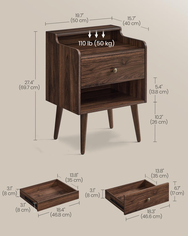 Nightstand Set of 2 with Hidden Drawer & Solid Wood Legs