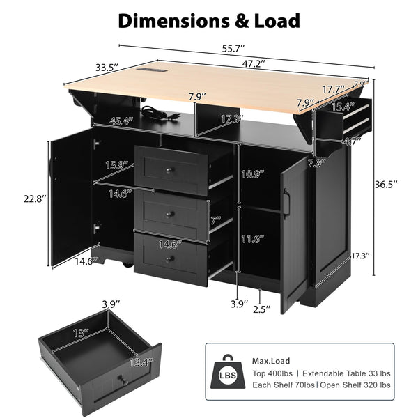 Rolling Kitchen Island with Drop Leaf Countertop & Power Outlets