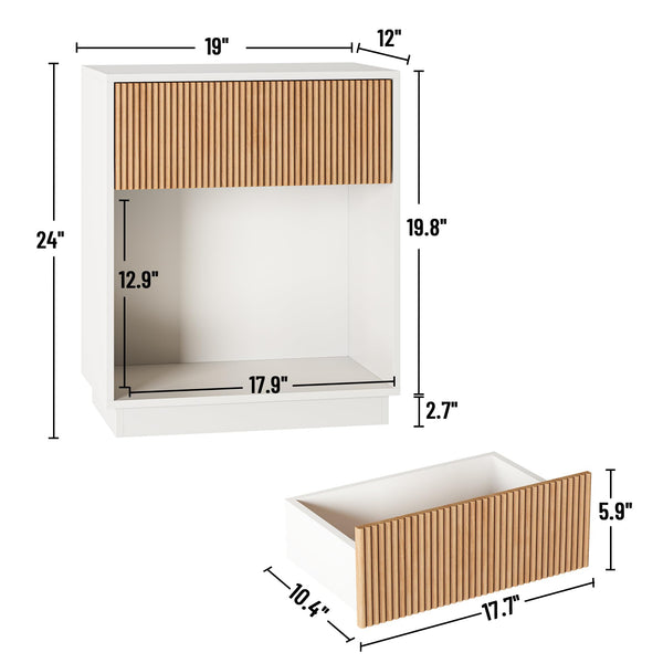 Modern Fluted Nightstand Set of 2 with Drawer and Open Shelf