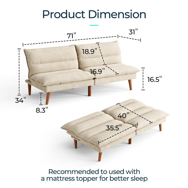 Convertible Corduroy Futon Sofa Bed with Adjustable Backrest