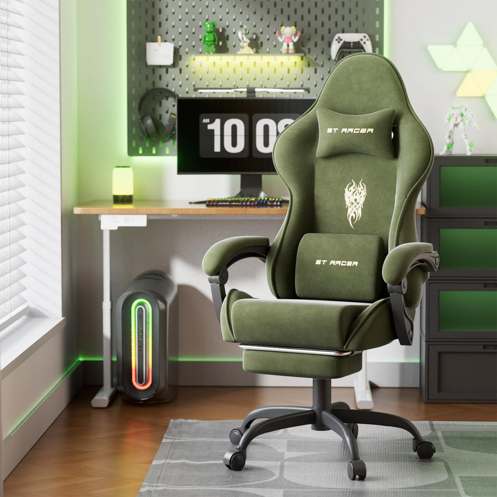 Velvet Gaming Chair with Footrest & Massage Lumbar