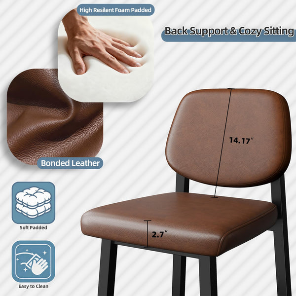 Counter Height Bar Stools Set of 3, 26" Upholstered Kitchen Bar Chairs with Metal Legs