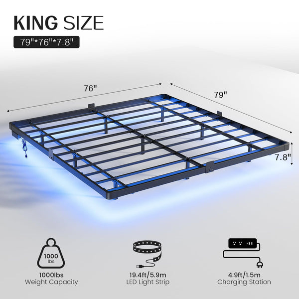 King Size Floating Metal Bed Frame with LED Light & Charging Station
