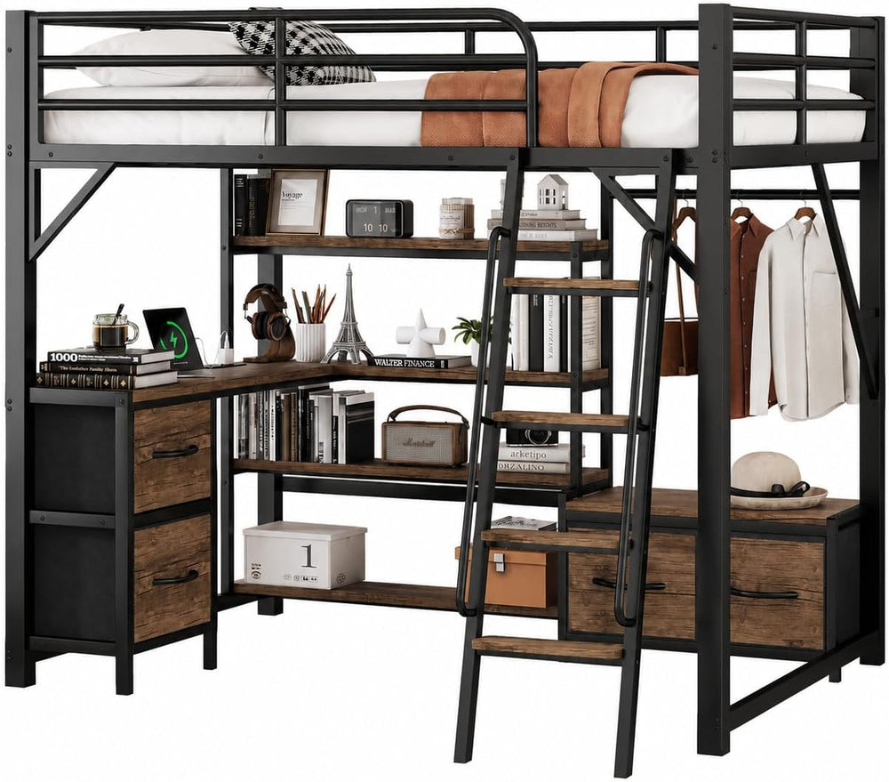 Metal Loft Bed with Desk, Storage & RGB LED Lights
