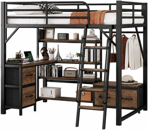 Metal Loft Bed with Desk, Storage & RGB LED Lights