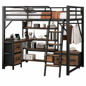 Metal Loft Bed with Desk, Storage & RGB LED Lights
