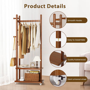 Solid Wood Coat Rack with Wheels, Storage Shelves & Hooks