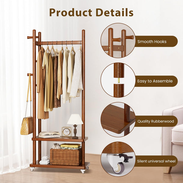 Solid Wood Coat Rack with Wheels, Storage Shelves & Hooks