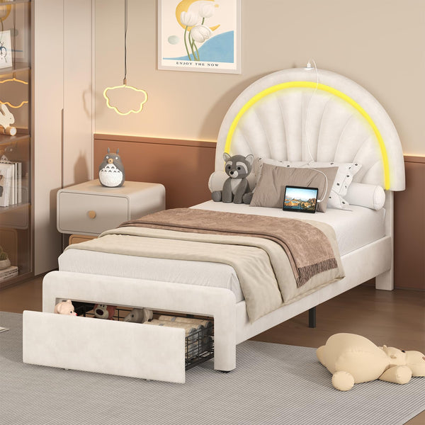Twin Upholstered LED Bed Frame with Shell Headboard, Storage Drawer & Charging Station