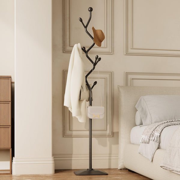 Tree-Shaped Metal Coat Rack Stand with 8 Hooks & Cast Iron Base