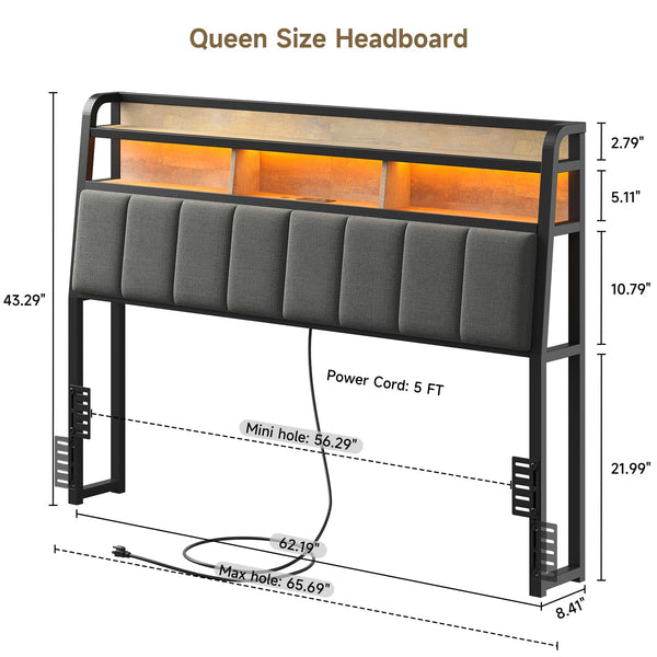 Upholstered Headboard with LED Light, Storage & Charging Station