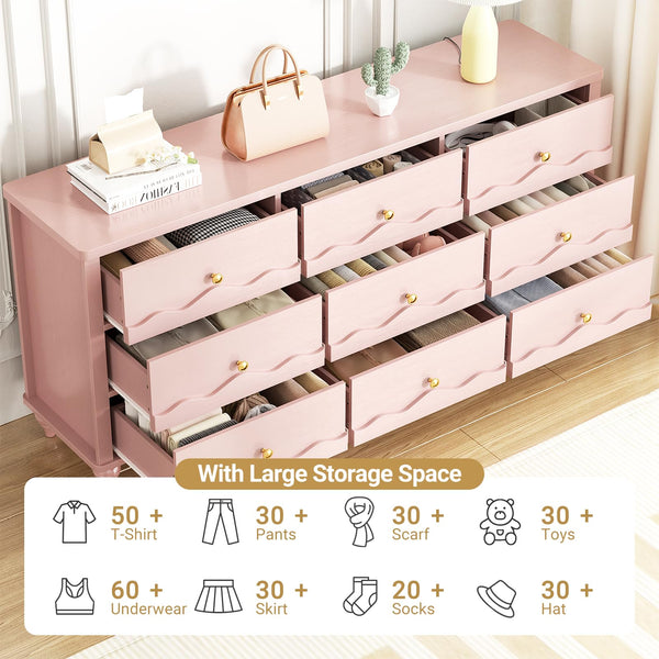9 Drawer Dresser with Scalloped Design – Pink