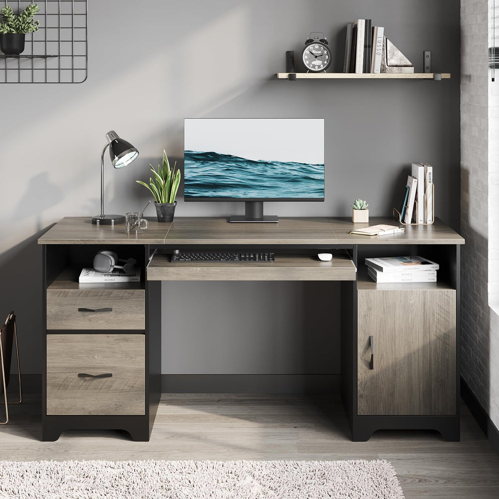 59" Executive Computer Desk with Storage, File Drawer & Keyboard Tray