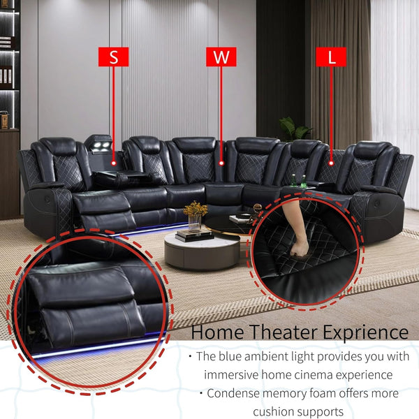 Power Recliner Sectional Sofa with LED Light & Storage Console