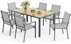 6-Person Outdoor Patio Dining Set with Umbrella Hole – Steel Table & Textilene Chairs
