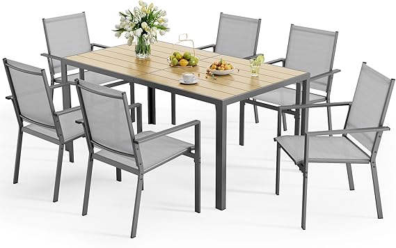 6-Person Outdoor Patio Dining Set with Umbrella Hole – Steel Table & Textilene Chairs