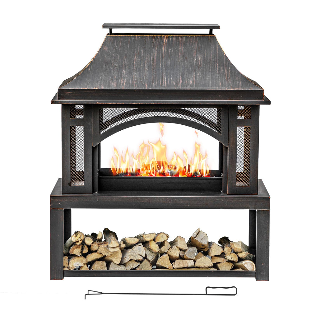 39" Outdoor Wood Burning Fire Pit with Chimney & Wood Storage