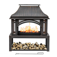 39" Outdoor Wood Burning Fire Pit with Chimney & Wood Storage