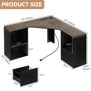 59-Inch L-Shaped Desk with Power Outlets & File Drawer