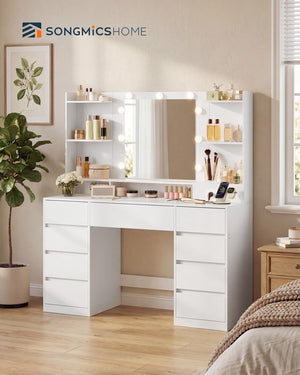 Vanity Desk with Mirror, Lights & Power Outlets – 9 Drawers, White