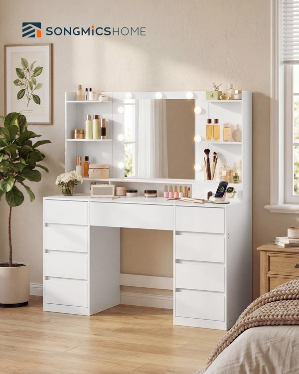 Vanity Desk with Mirror, Lights & Power Outlets – 9 Drawers, White
