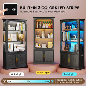 Glass Door Display Cabinet with LED Lights, 5-Tier Bookcase, 69 in Tall