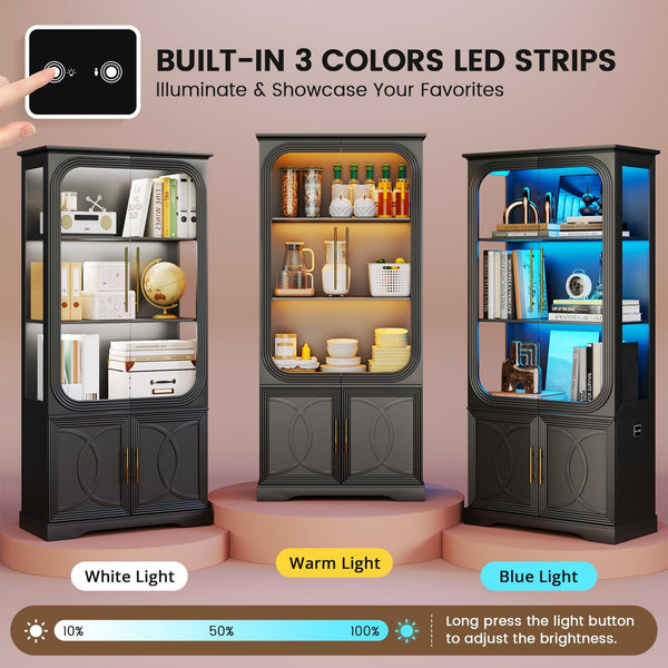 Glass Door Display Cabinet with LED Lights, 5-Tier Bookcase, 69 in Tall