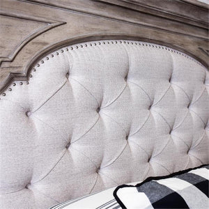 King Panel Bed – Upholstered Headboard, Distressed Driftwood Finish