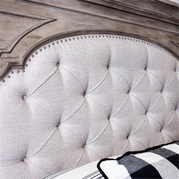King Panel Bed – Upholstered Headboard, Distressed Driftwood Finish