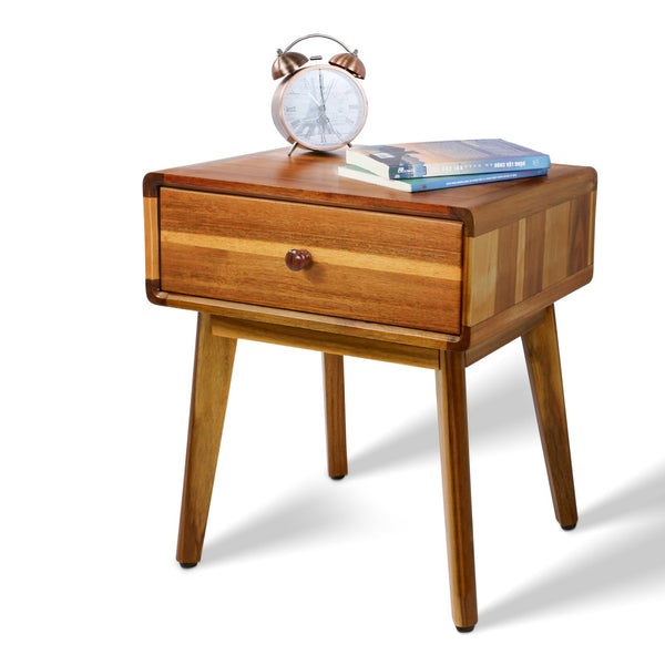 Mid-Century Acacia Wood Nightstand with Drawer
