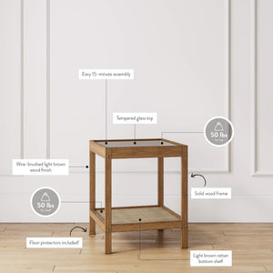 Glass Top End Table with Rattan Shelf & Wood Frame