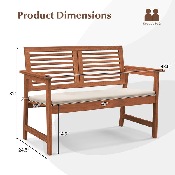 2-Person Outdoor Wood Patio Bench with Cushion