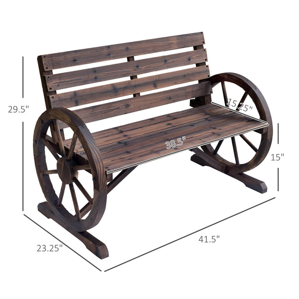 Rustic Wagon Wheel Outdoor Wood Bench – 2-Person Slatted Seat with Backrest