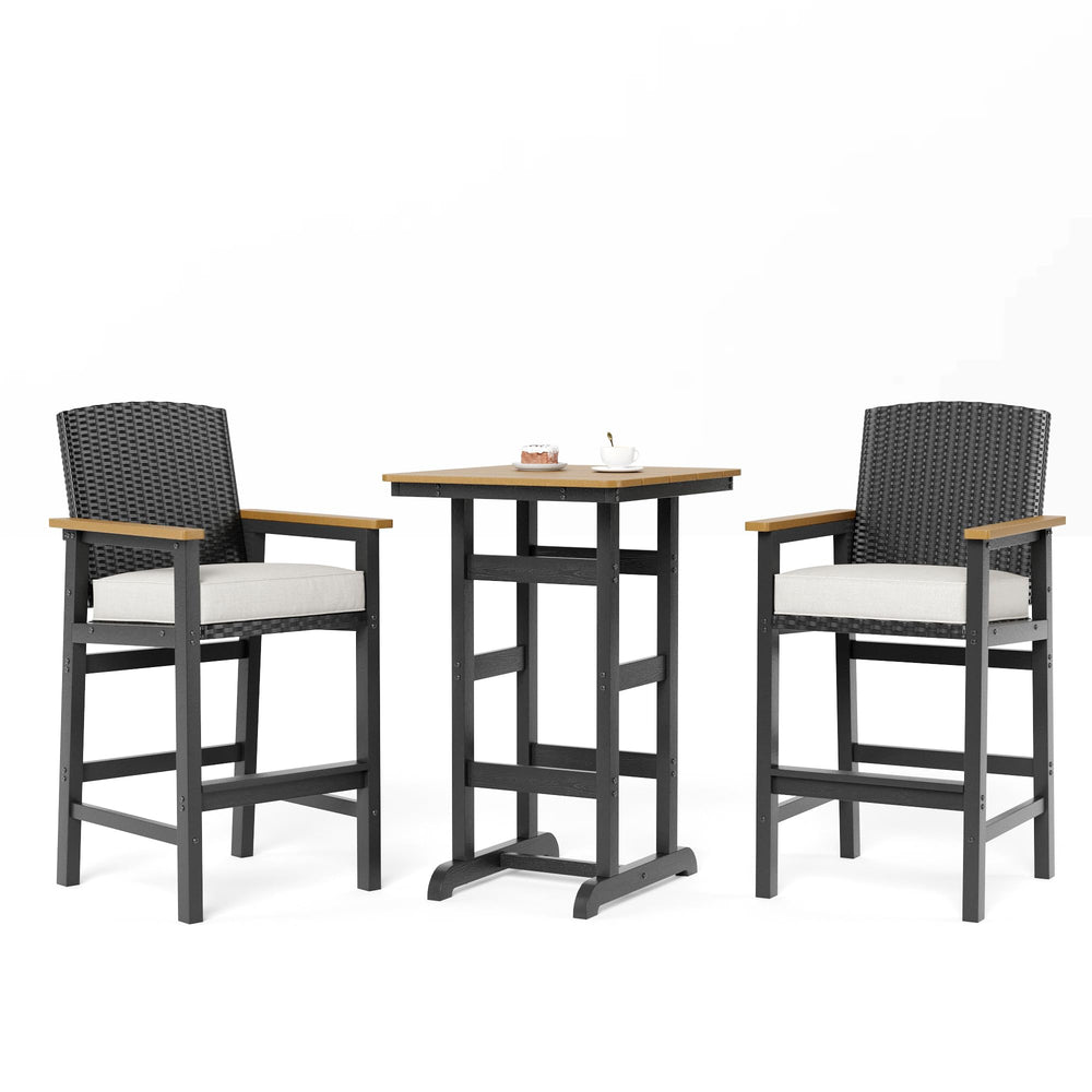 3-Piece Outdoor Bar Set – HDPE High Top Table & Wicker Bar Stools with Cushions