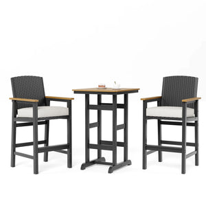3-Piece Outdoor Bar Set – HDPE High Top Table & Wicker Bar Stools with Cushions