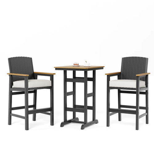 3-Piece Outdoor Bar Set – HDPE High Top Table & Wicker Bar Stools with Cushions