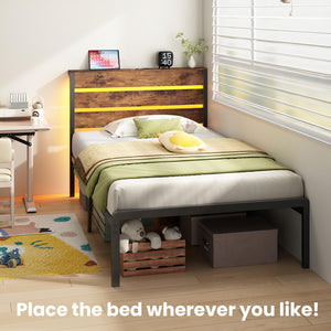 Twin Platform Bed Frame with LED Lights & Charging Station
