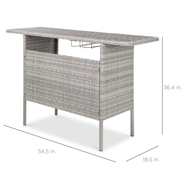 Outdoor Wicker Bar Counter Table with Steel Shelves & Wine Glass Racks