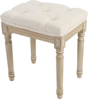 Upholstered Vanity Bench with Button Tufting & Carved Wood Legs
