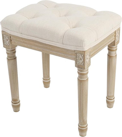 Upholstered Vanity Bench with Button Tufting & Carved Wood Legs