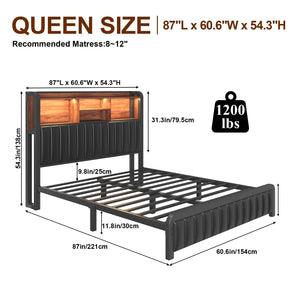 Queen & Full Platform Bed Frame with LED Lights, Storage Headboard & Charging Station