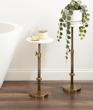 Adjustable Height Marble Pedestal Drink Table — Antique Brass