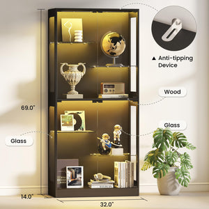 69-Inch Glass Display Cabinet with RGB Lighting & Adjustable Shelves