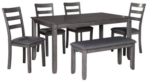 6-Piece Dining Table Set with Bench and Ladderback Chairs