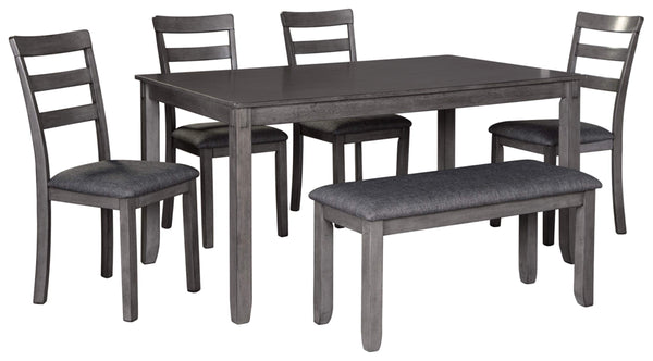 6-Piece Dining Table Set with Bench and Ladderback Chairs