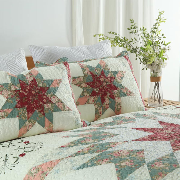 Floral Patchwork Cotton Quilt Set – 3-Piece Reversible Bedding Coverlet