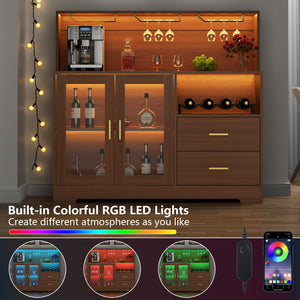 Wine Bar Cabinet with LED Light & Glass Doors