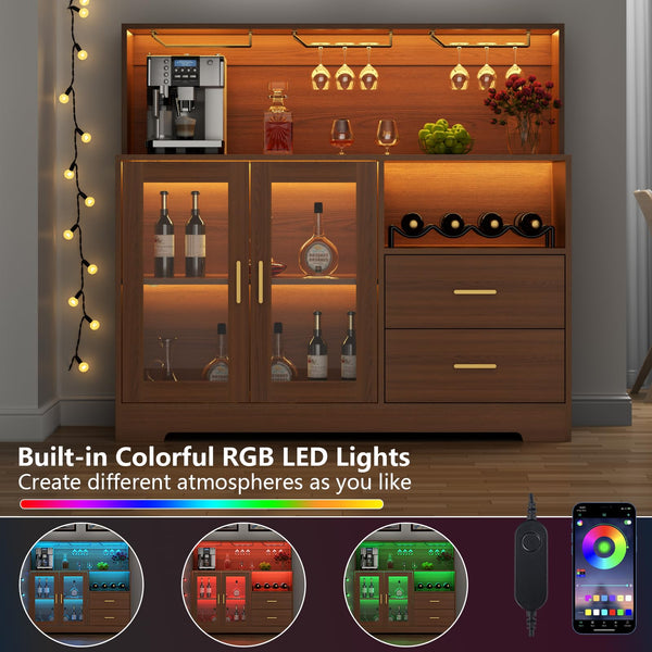 Wine Bar Cabinet with LED Light & Glass Doors